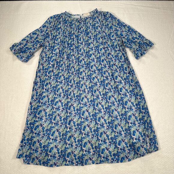 Melloday Mini Shift Dress 3/4 Sleeve Size Large Blue Floral Pleated Ruffle Neck - Picture 6 of 10